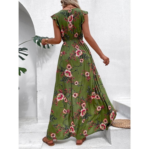 boho Floral Print Ruffle Slit Thigh maxi Dress (Without Belt) rust orange - Picture 7 of 11